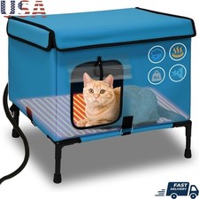 Outdoor Heated Cat House Weatherproof Insulated Pet Shelter W/ Heating Pad Blue