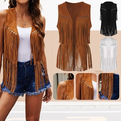 Damen Wildleder Weste mit Fransen Jacke Cardigan Hippie Ethnisch Weste Vest 2XL - Bild 1 von 4