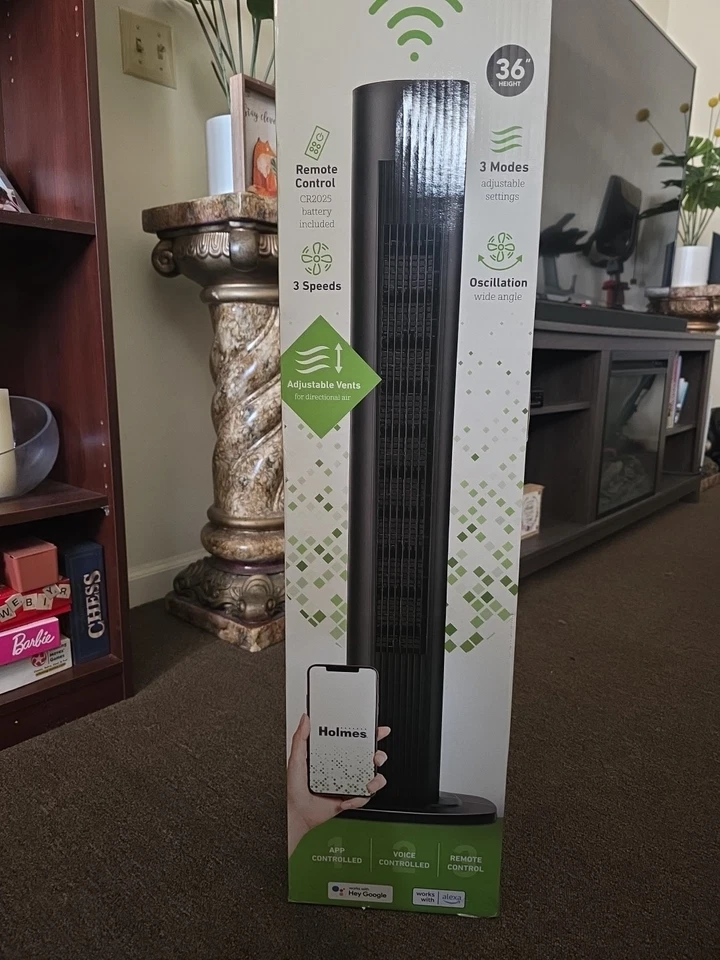 Ventilador de torre digital Holmes 36" con wifi funciona con control remoto de apagado automático Google, Alexa Foto 3 de 4