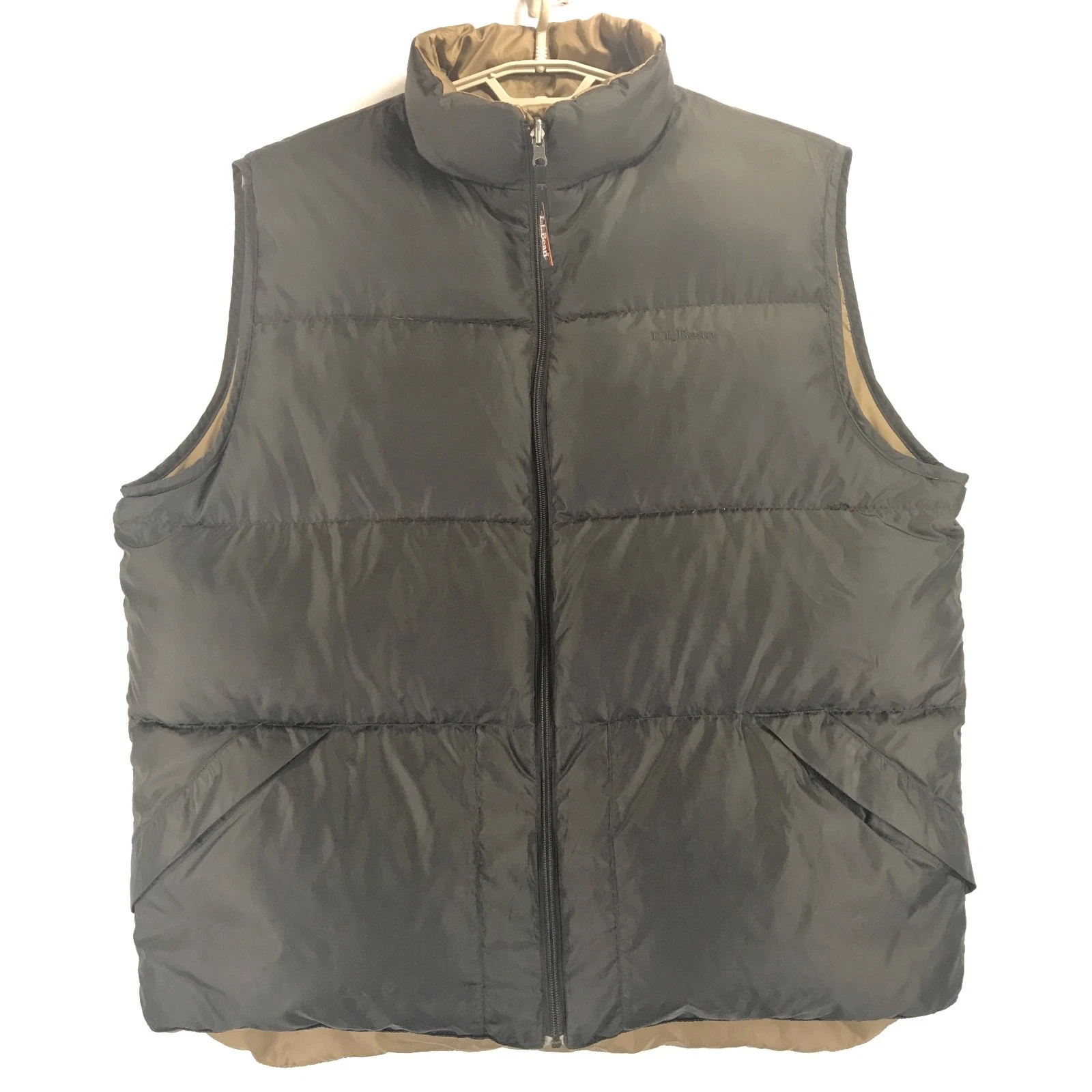 LL Bean Reversible Down Puff Vest Men's XLT Brown Beige Poly 4 Pocket Sleeveless