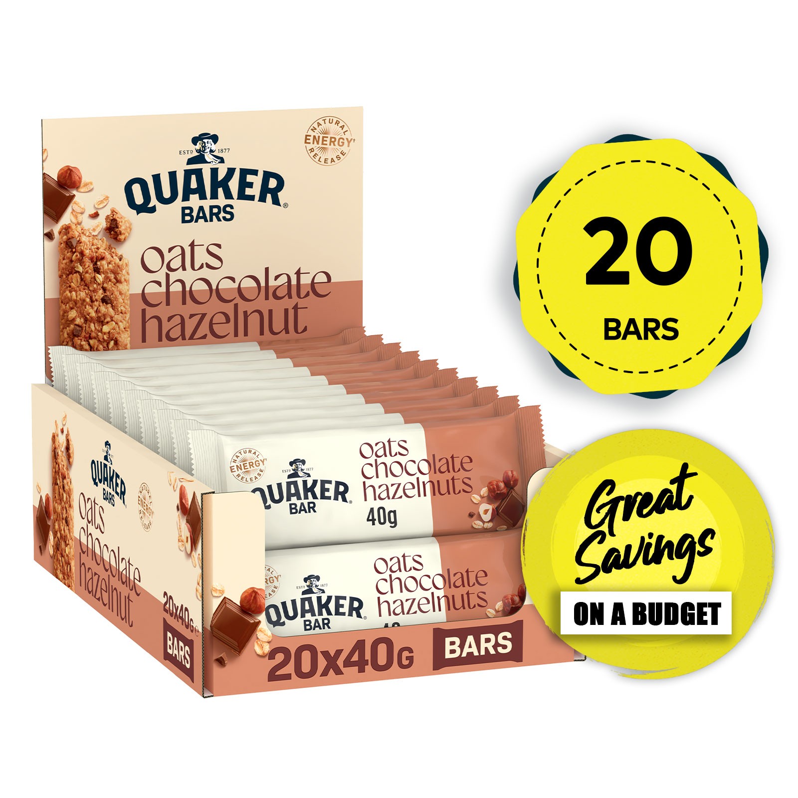Quaker Breakfast Bar Oat Cereal Bar with Chocolate & Hazelnuts 20 x 40g