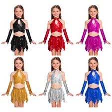 Kids Girls Dance Skirt Set Birthday Outfits 2 Piece Dancewear Metallic Jazz