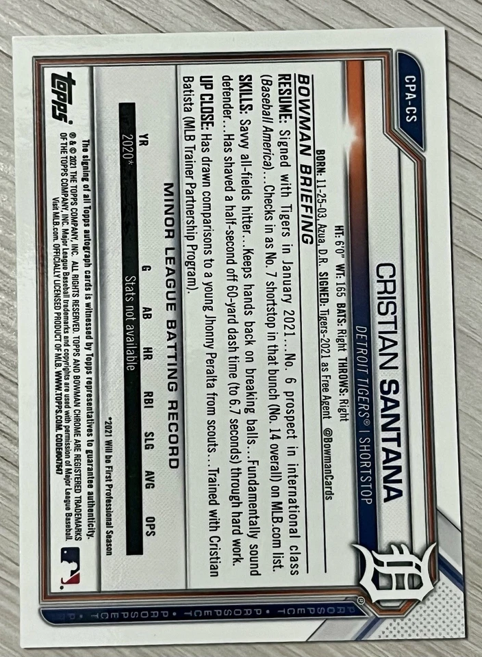 Cristian Santana - 2021 Bowman Chrome #CPA-CS - 1st Blue HTA Choice Auto /150 - Image 2 of 2