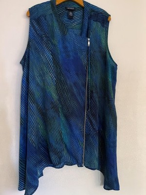 Catherines Black Label Tunic Womens 2X Blue Green Animal Print Zip Front