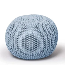 Round Knit Pouf - Hand Woven Cotton, Light Blue