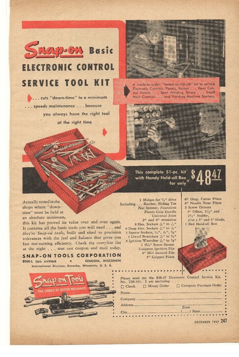 1947 Snap On Electronic Control Service Tool Kit Advertisement Kenosha
