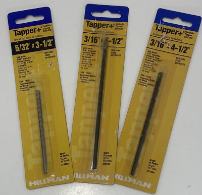 3 Tapper + Carbide Tip Drill Bits 5/32'' X 3-1/2'' 3/16'' X 5-1/2 3/16'' X 4-1/2''