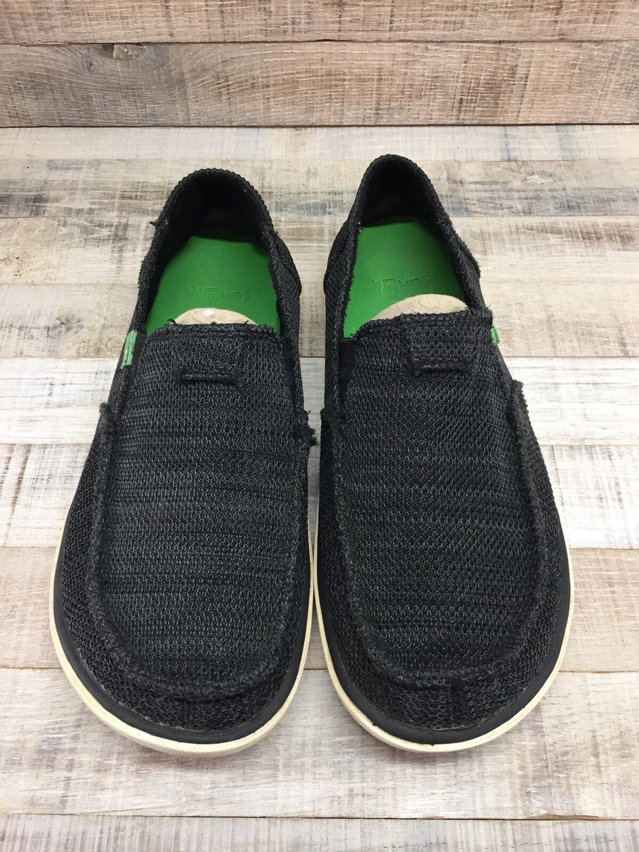Sanuk Black Textured Fabric Slip On Loafers W Rubber Insoles