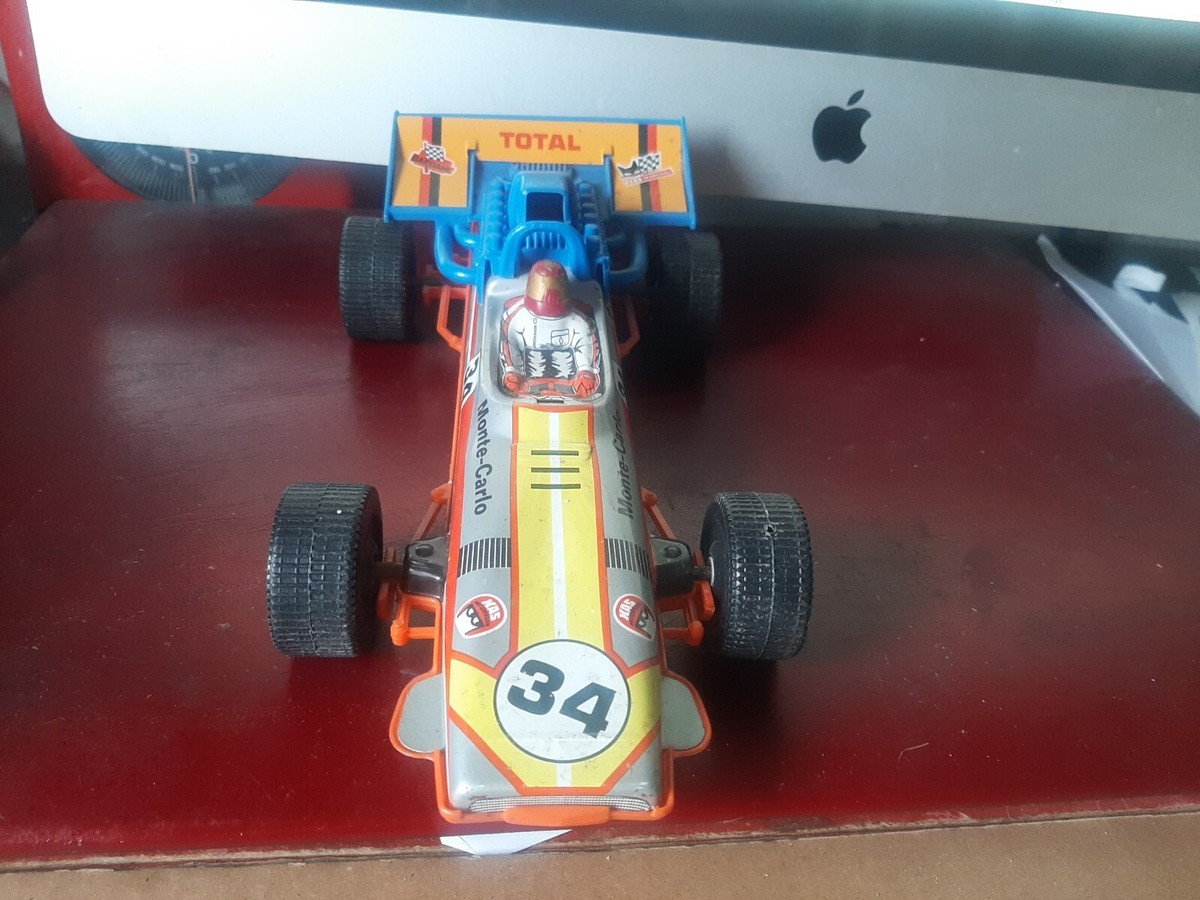 Vintage 70-80s Ancienne VOITURE de COURSE JOUSTRA FORMULE F1 BLEU N°2 en TÔLE