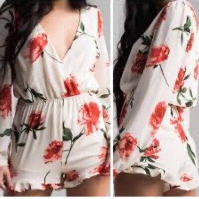 Emory Park Long Sleeve Ruffle Hem Floral Short Romper Cream S