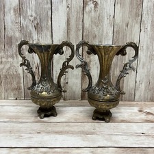 2- Vintage Brass Ornate Footed Bud Vases Floral Pattern Made In Italy 5 in tall