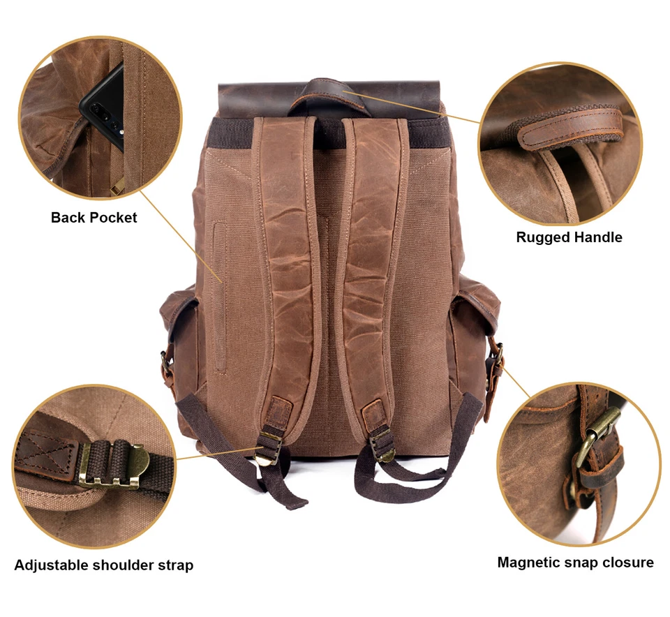 Mochila de cuero de lona encerada para hombres Mochila de viaje Camping Senderismo Escuela Bolso para libros Foto 4 de 4