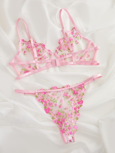 Sexy Damen-BH-Höschen-Set Blumenmuster Stickerei Spitze Unterwäsche transparente Dessous - Bild 3 von 12