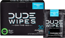 DUDE Wipes On-The-Go Flushable Wet Wipes - 1 Pack, 30 Wipes - Unscented Wrapped