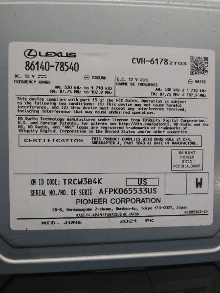 2021 lexus NX300 OEM radio receiver assembly id 86140-78540 fits