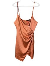 Forever 21 Faux Wrap Satin Dress Women Medium Sleeveless Orange Asymmetrical Hem