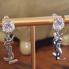 Auth. YVES SAINT LAURENT YSL CRYSTAL Stud LOGO Drop EARRINGS Silver Tone