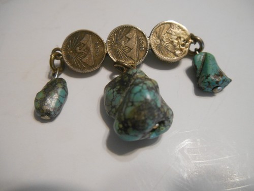 antique sterling pin 3 guatemala 1/4 real coin 1880 1893 silver turquoise