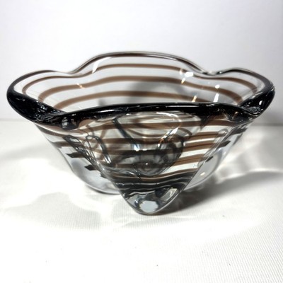 Mid Century Art Glass Bowl Kalmar Glasbruk Sweden Handblown Brown Swirl