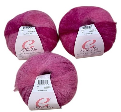 Lot of 3 Ella Rae ALPACA KID MOHAIR DEGRADE Lace weight yarn #04 RASPBERRY TART