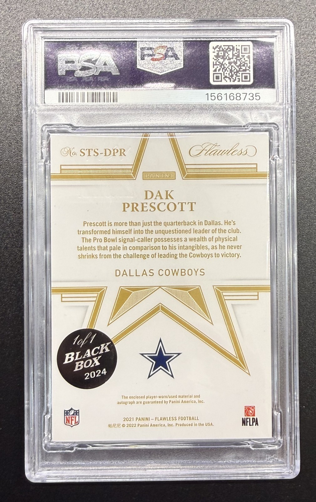 DAK PRESCOTT 2024 PANINI FLAWLESS PATCH EMERALD '21 BLACK BOX 1/1 PSA 9 AUTO 10 view 2