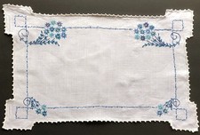 Vintage Hand Embroidered Linen Dresser Scarf Table Runner Blue Flowers 23 x 15