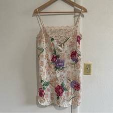 Vintage California Dynasty Floral Satin Camisole Lace Trim Y2K Slip Top Medium