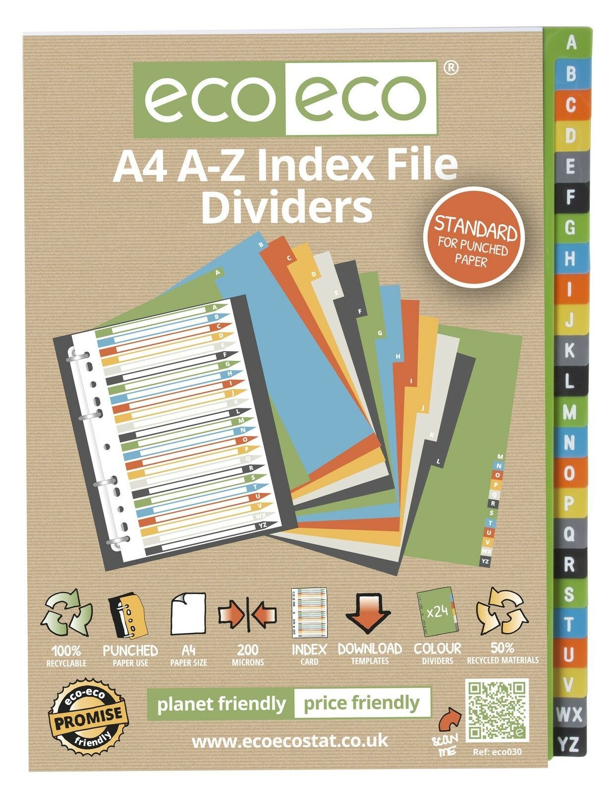 eco eco A4 A-Z File Dividers A-Z Index Assorted Coloured Tabs 50% Recycled X 4