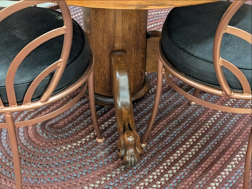 Antique Round Oak Lions Foot Dining Table W/4 Metal Chairs - Copper Painted - Image 4 of 4