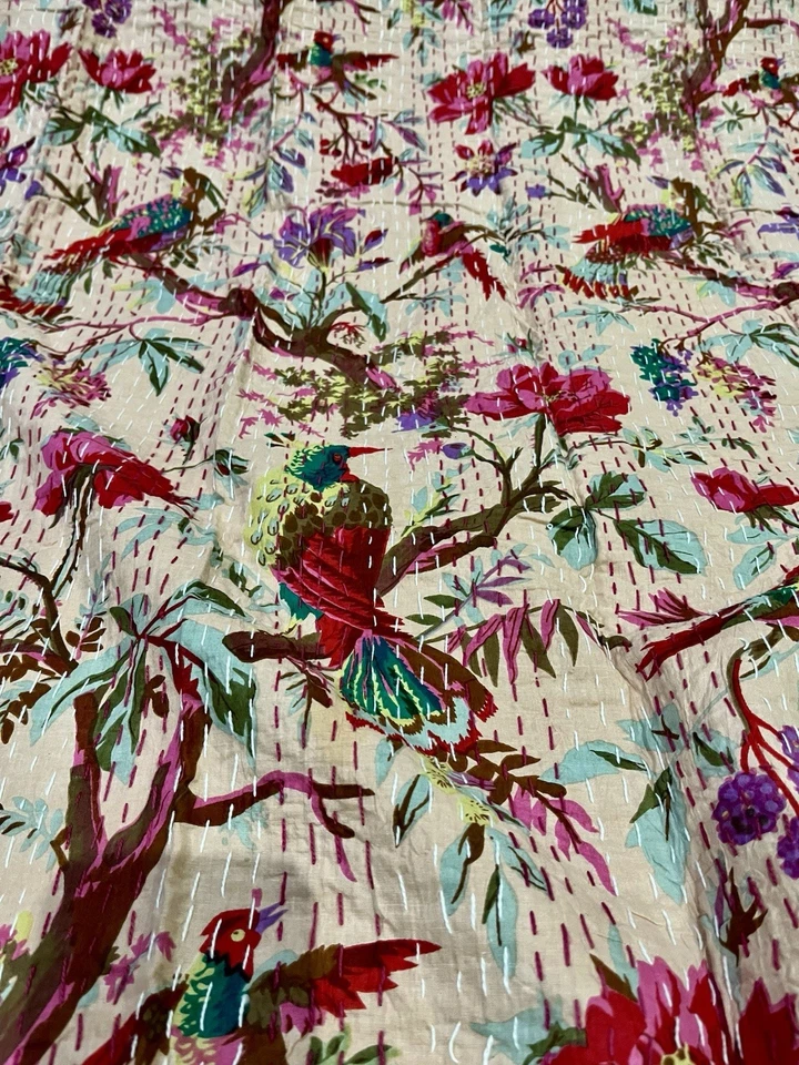 Indian Kantha Quilt Bedspread Bedding Throw Cotton Blanket Bird Print Hand Block - Image 4 of 4