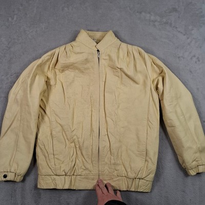 Echtleder Jacke Damen UK 10 Creme Leder Bomber Reißverschluss Vintage Retro Gelb