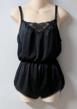 Vintage Olga Black 11007 Babydoll Teddy Romper Nylon Lace High Leg Snaps S