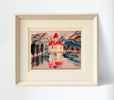 Königssee St.Bartholomä Bergpanorama Aquarell Unikat Selbstgemalt