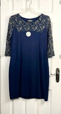 New With Tags Lily & Me Navy Blue & Gold Knee Length Cropped Sleeve Dress 16 uk