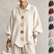 Womens Lapel Knit Cardigan Long Sleeve Sweater S-5XL 12 Colors