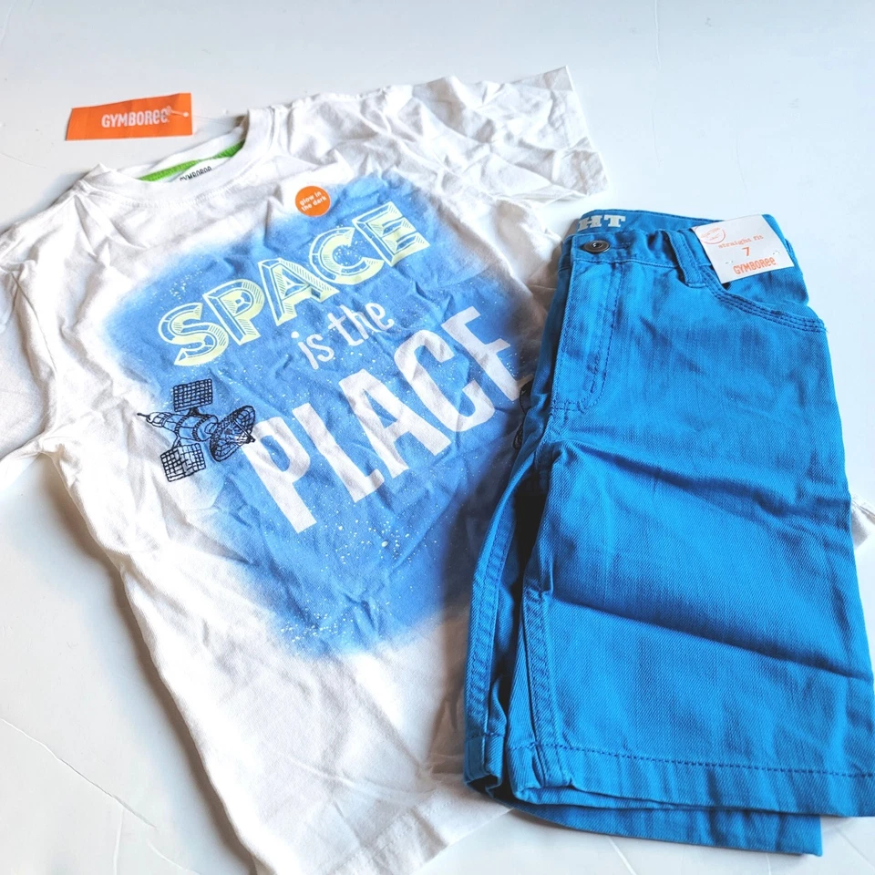 Gymboree Boys 7 "Stripes and Space" Spaceship Glow Tee Blue Denim Shorts Set NWT - Image 2 of 4