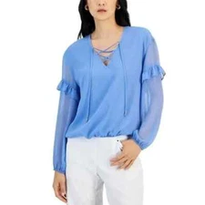 I.N.C. Concepts Blue Lace-Up Ruffle-Sleeve Blouse Peri Blue Sz-M  NWDEFECT