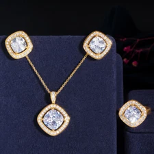 Silver Plated CZ White Square Necklace Earring Ring Women Fashion Jewelry Set