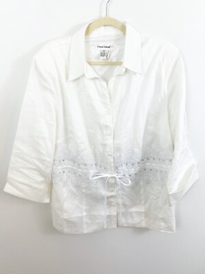 Lino USA Womens Button Front Linen Shirt Size 1X Embroidered 3/4 Sleeves White