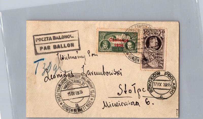 1935 Warsaw Poland Gordon Bennet Ballon Flight Sokolow Airmail Cover to Stolpe