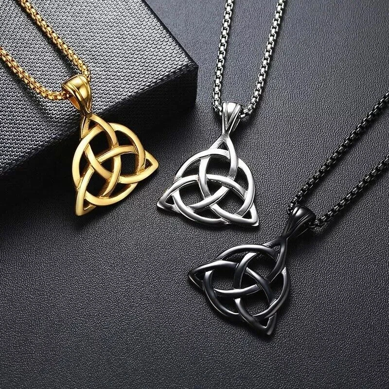 COLLANA LUNGA CIONDOLO TRIQUETRA TRIANGOLO ACCIAIO UOMO VINTAGE PUNK IDEA REGALO - Immagine 2 di 4