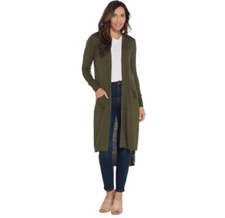 H Halston Olive Green Petite Open Front Hi-Low Duster Cardigan Sweater New