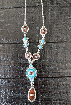 NRT (Avon) Vintage boho Turquoise Blue & Brown Enamel Silver Tone Necklace 16''