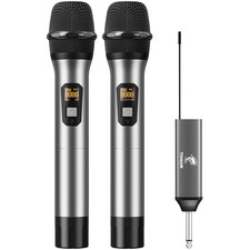 Wireless Microphones, 60 m/200ft UHF Dual Cordless Metal Dynamic Mic System w...