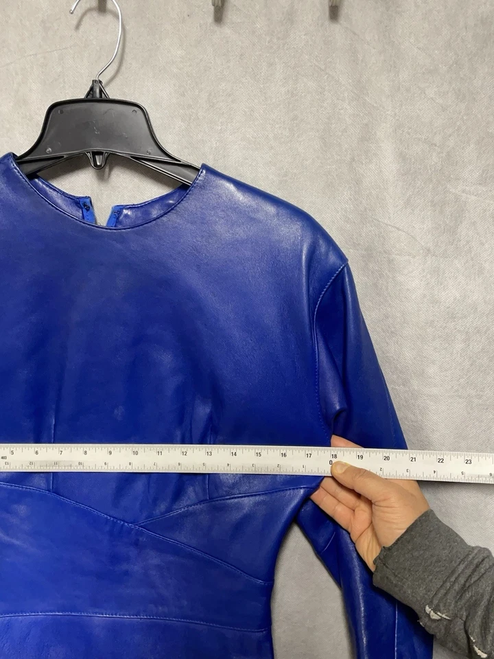 VTG Leather Dress Women 11 12 Royal Blue Lambskin Midi Sexy Sheath Event Luxury - Image 2 of 4