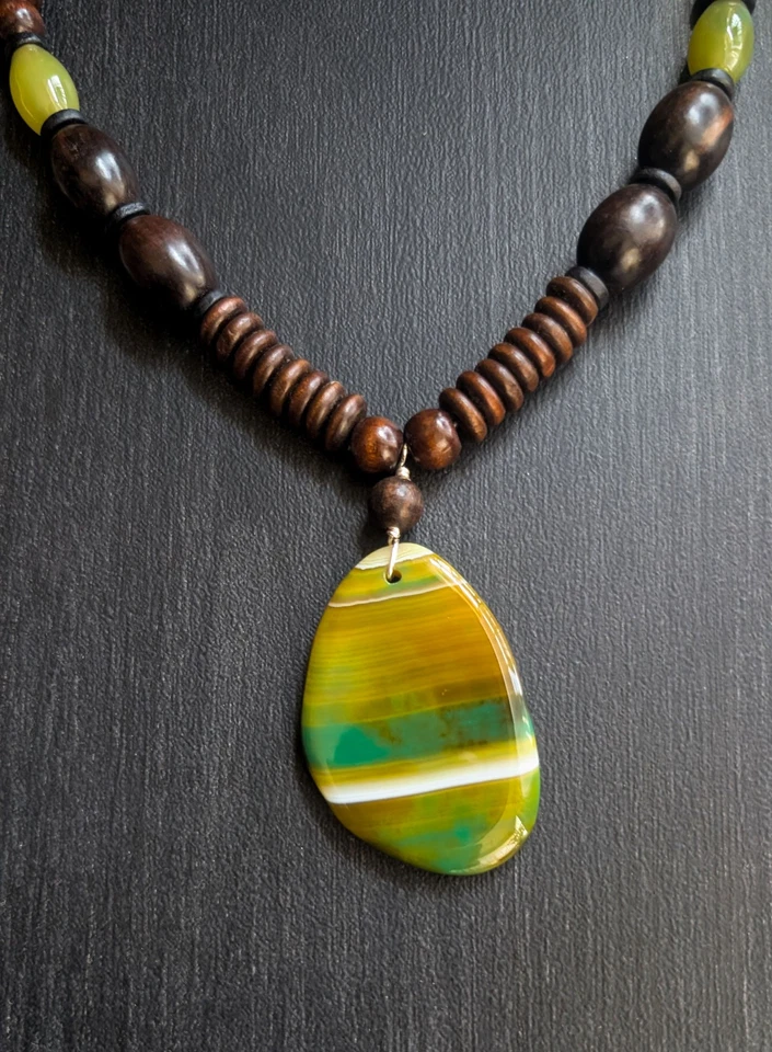 Collar colgante de piedra de ágata para hombre con cuentas de cuerno de madera declaración unisex 24" Foto 2 de 4