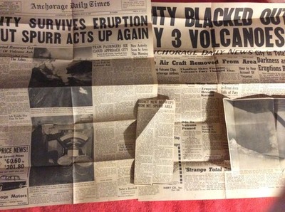 LOT OF 4 NEWSPAPER RARE CLIPPINGS ANCHORAGE ALASKA 1953 VOLCANO ERUPTIONS