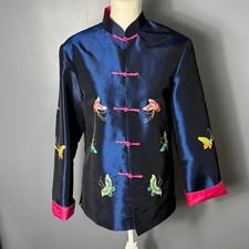 Vintage Navy Blue Iridescent Butterfly Embroidered Tang Jacket Pink Frog Buttons