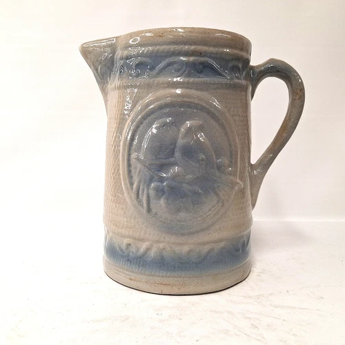 Brush McCoy Art Pottery Pitcher Blue Gray Figural Medallion Relief USA