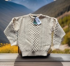 Blarney Woollen Mills Irish Aran Cable Knit Sweater Wool Ivory Cream Youth Sz XL